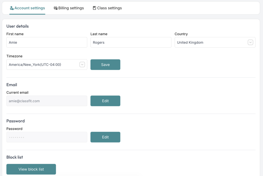 ClassFit account settings page showing user details, timezone, and email fields