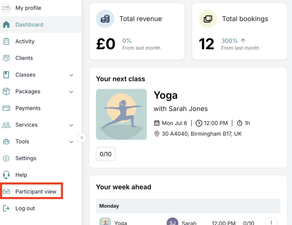 ClassFit admin dashboard sidebar with the Participant view link highlighted near the bottom