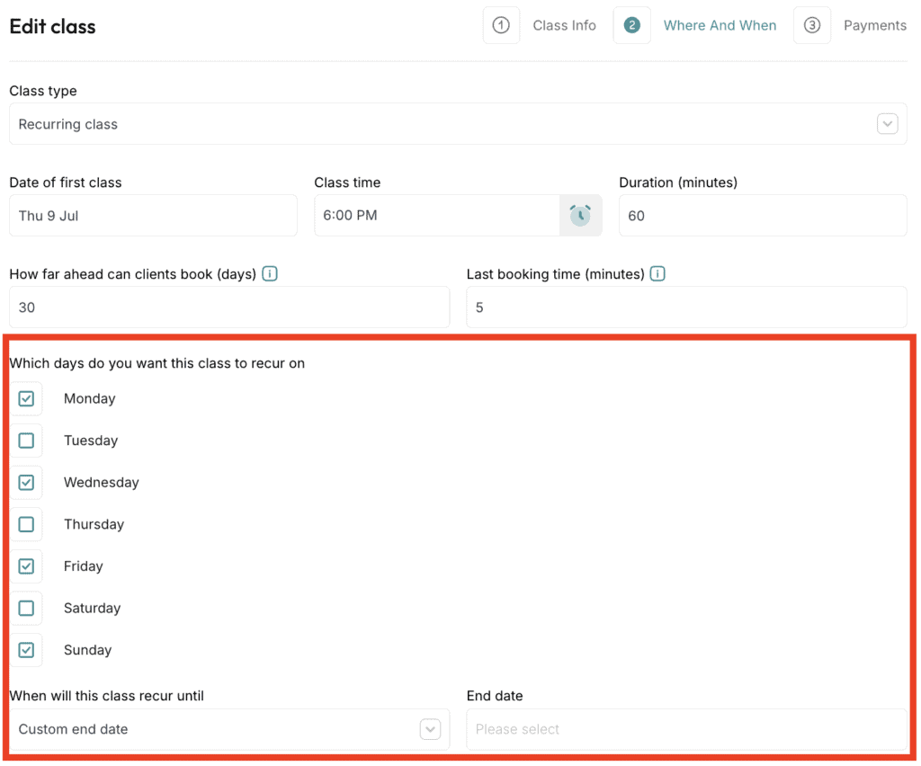 ClassFit edit class form set to recurring with day-of-week checkboxes highlighted