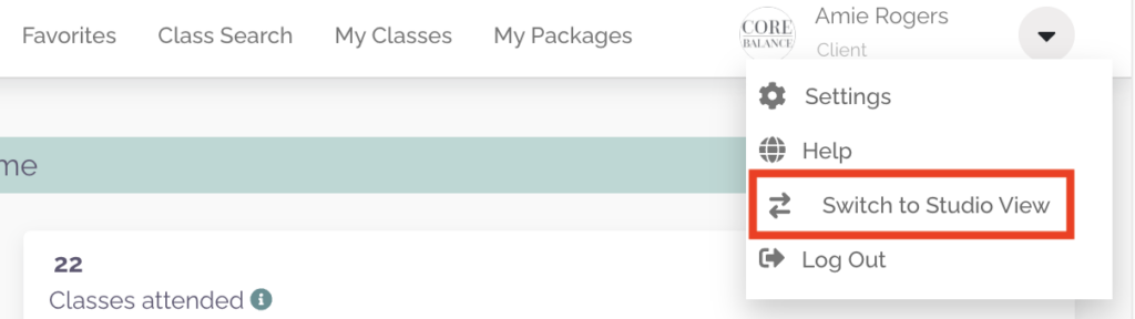 ClassFit account dropdown menu showing the Switch to Studio View option highlighted