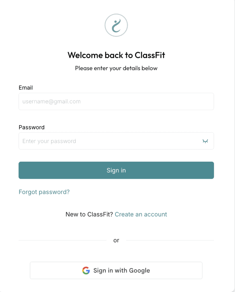 ClassFit welcome back login screen showing empty email and password input fields