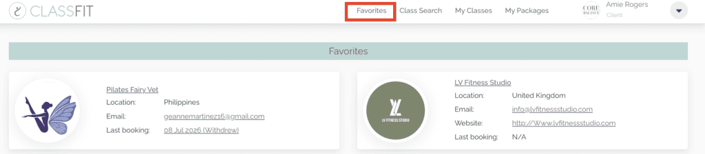 ClassFit Favorites page listing saved studios with their location, email, and website details