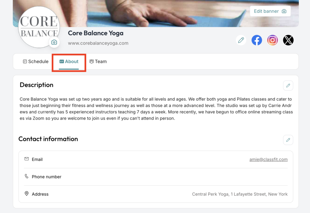 Studio profile page with the About tab selected showing business description and contact details