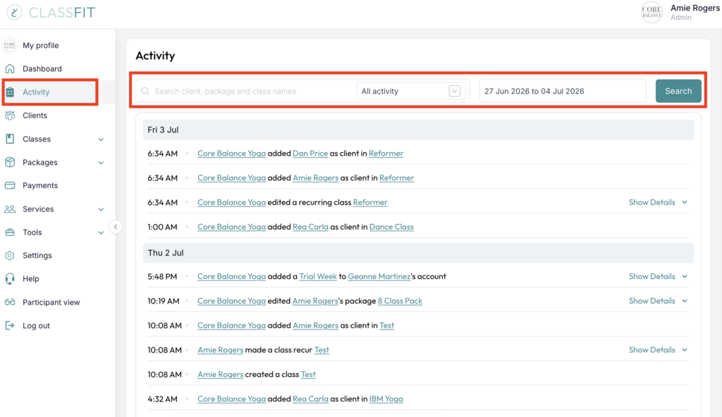 ClassFit activity page showing search filters and a timestamped log of account actions