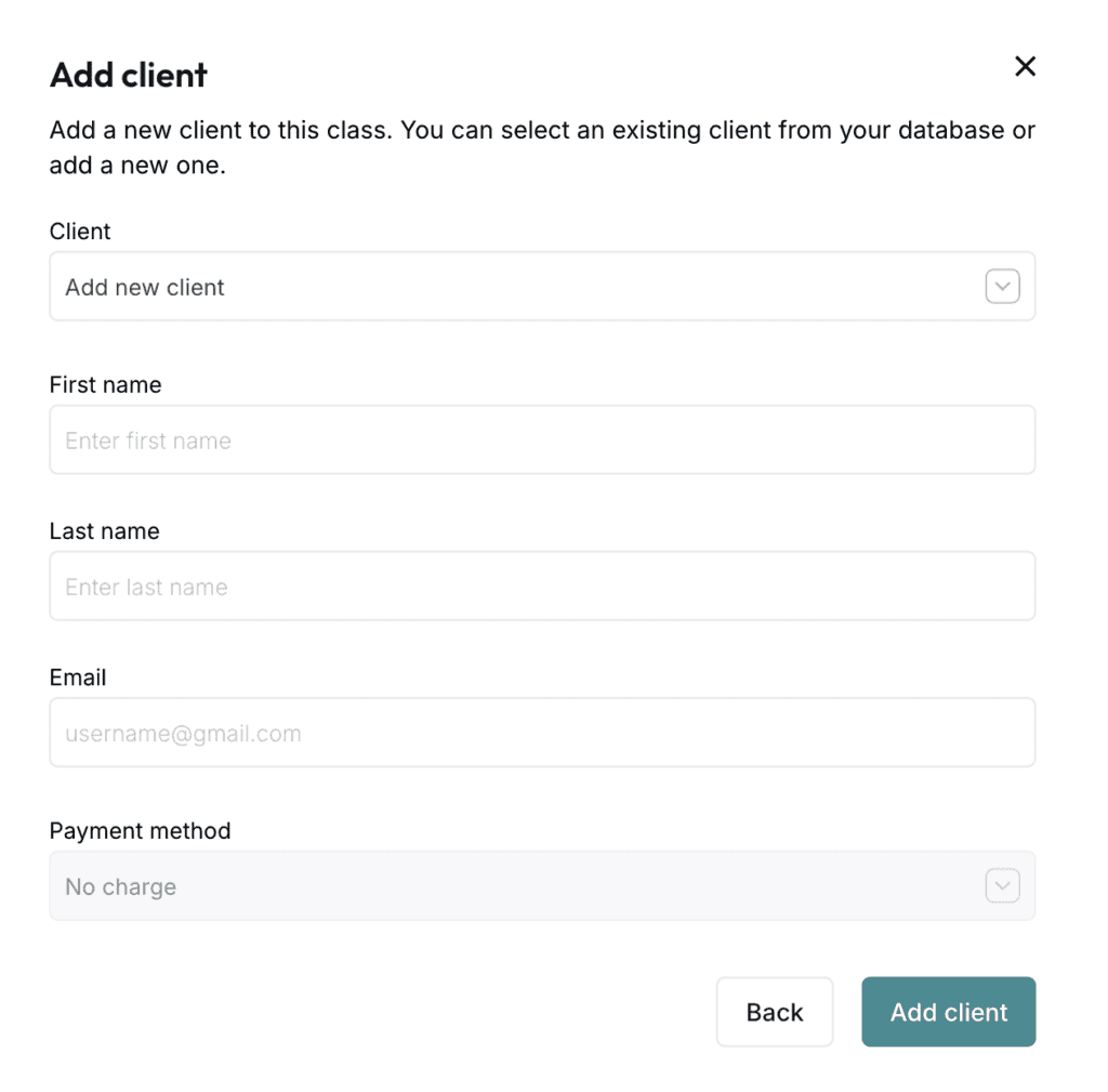 ClassFit add client to class modal with client search and name fields