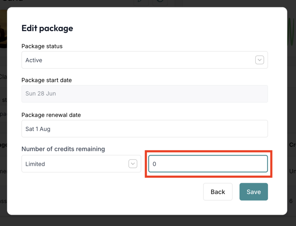 Edit package modal showing the number of credits remaining field highlighted for a client