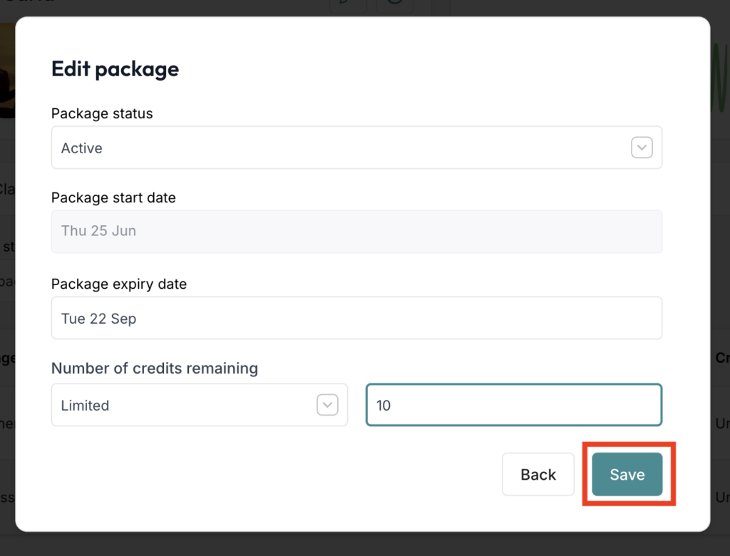 ClassFit edit package modal with credits remaining set to 10 and Save highlighted