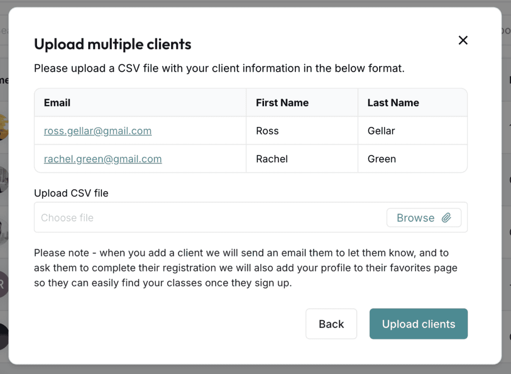 ClassFit upload multiple clients modal showing required CSV format and file upload field