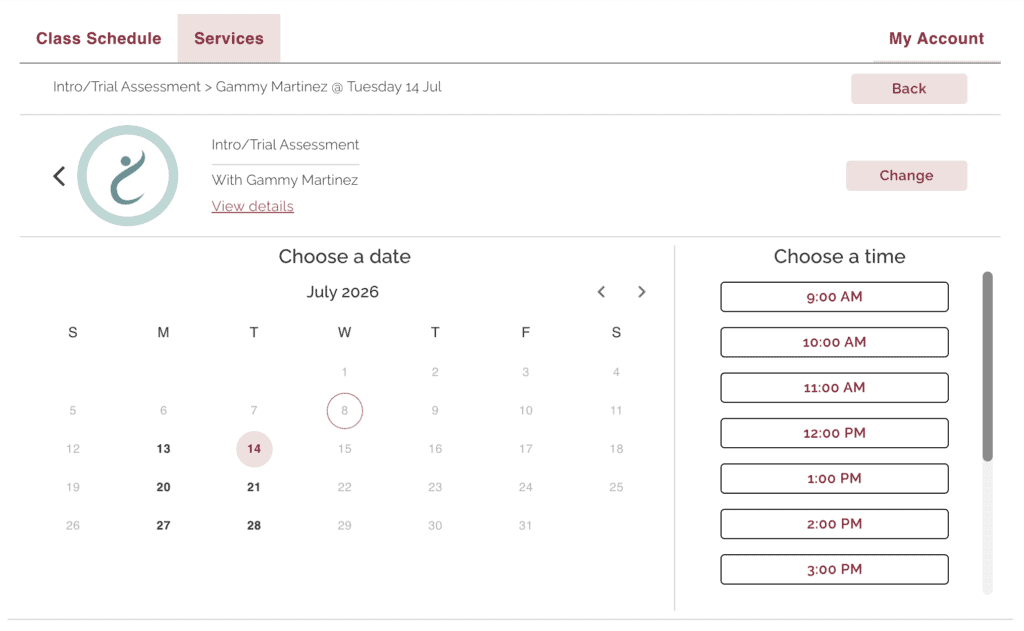 ClassFit client booking screen showing calendar date picker and available appointment time slots
