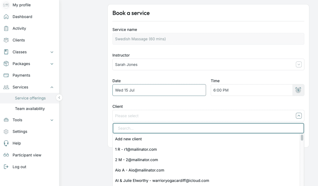 ClassFit book a service form with the Client dropdown open showing search and add options