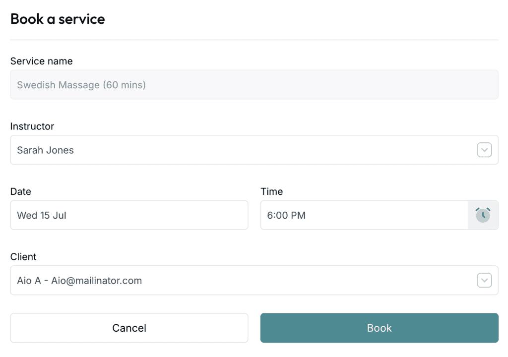 ClassFit book a service form showing selected instructor, date, and appointment time