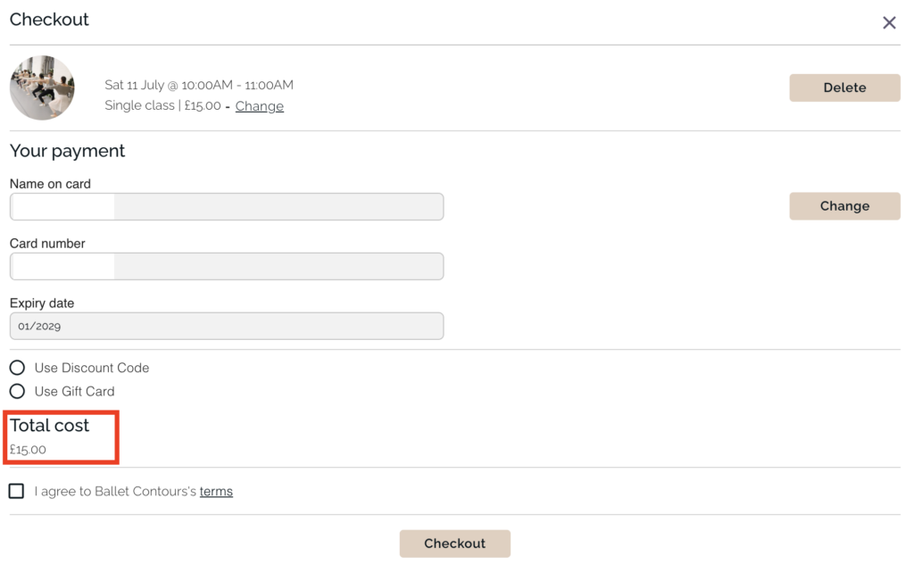 ClassFit checkout page showing class details and payment card fields for a single class