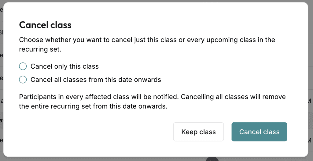 ClassFit cancel class modal with options to cancel one class or all recurring classes