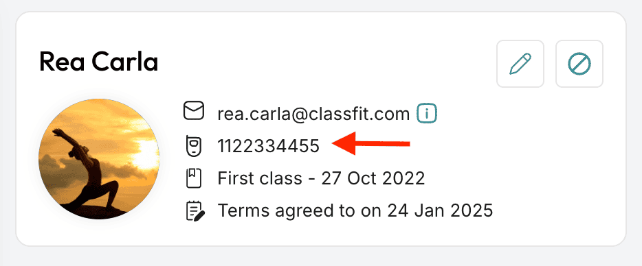 ClassFit client profile card with an arrow pointing to the phone number field