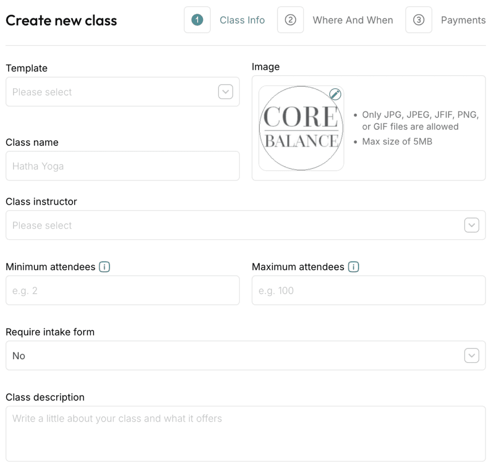 ClassFit create class wizard step one showing class name, image, and instructor fields