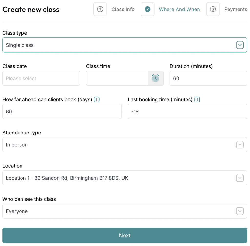 ClassFit create class wizard step two showing class date, time, and duration fields