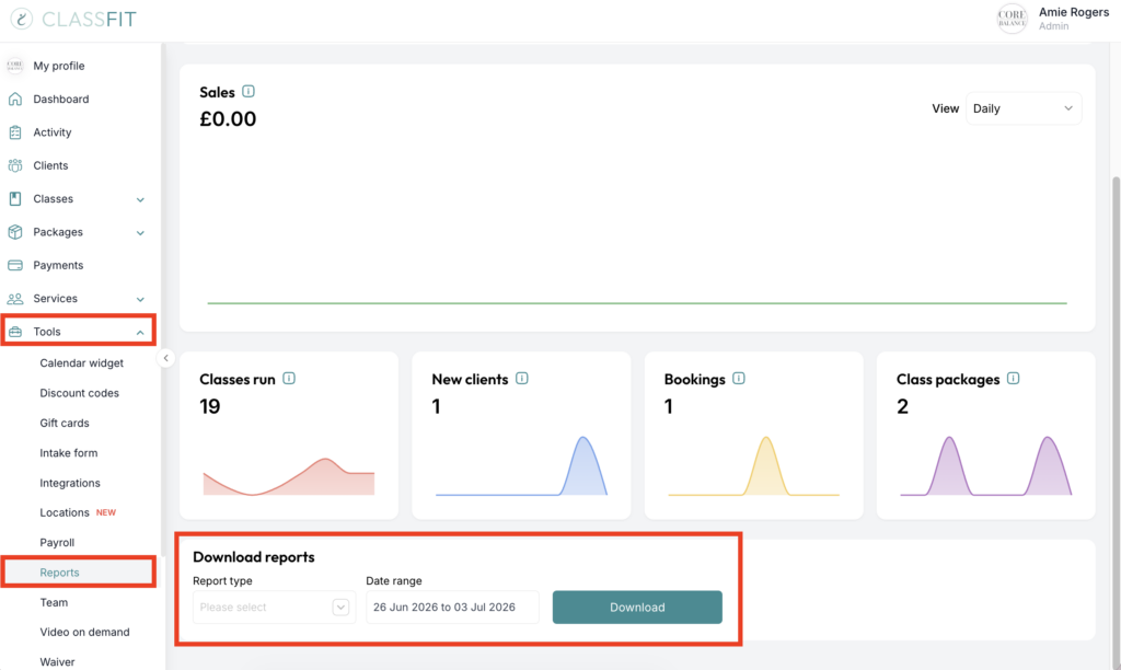ClassFit Reports page showing sales stats and the Download Reports panel with date range highlighted