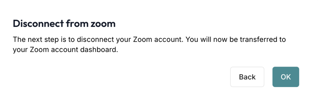 ClassFit disconnect from Zoom confirmation dialog showing Back and OK button options