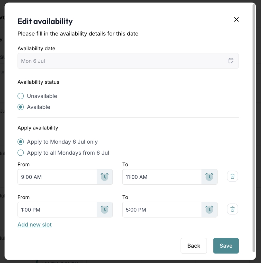 ClassFit edit availability modal showing Available status applied to a single Monday only