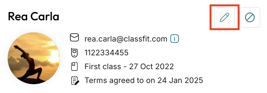 ClassFit client profile card showing phone number field with the edit icon highlighted