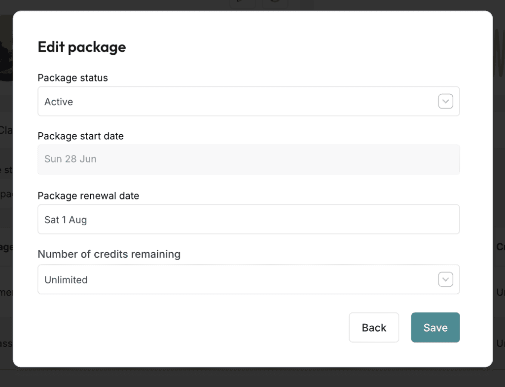 ClassFit edit package modal showing status, start date, and renewal date fields
