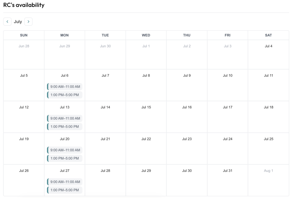 ClassFit July calendar showing RC's individual availability with recurring Monday time slots