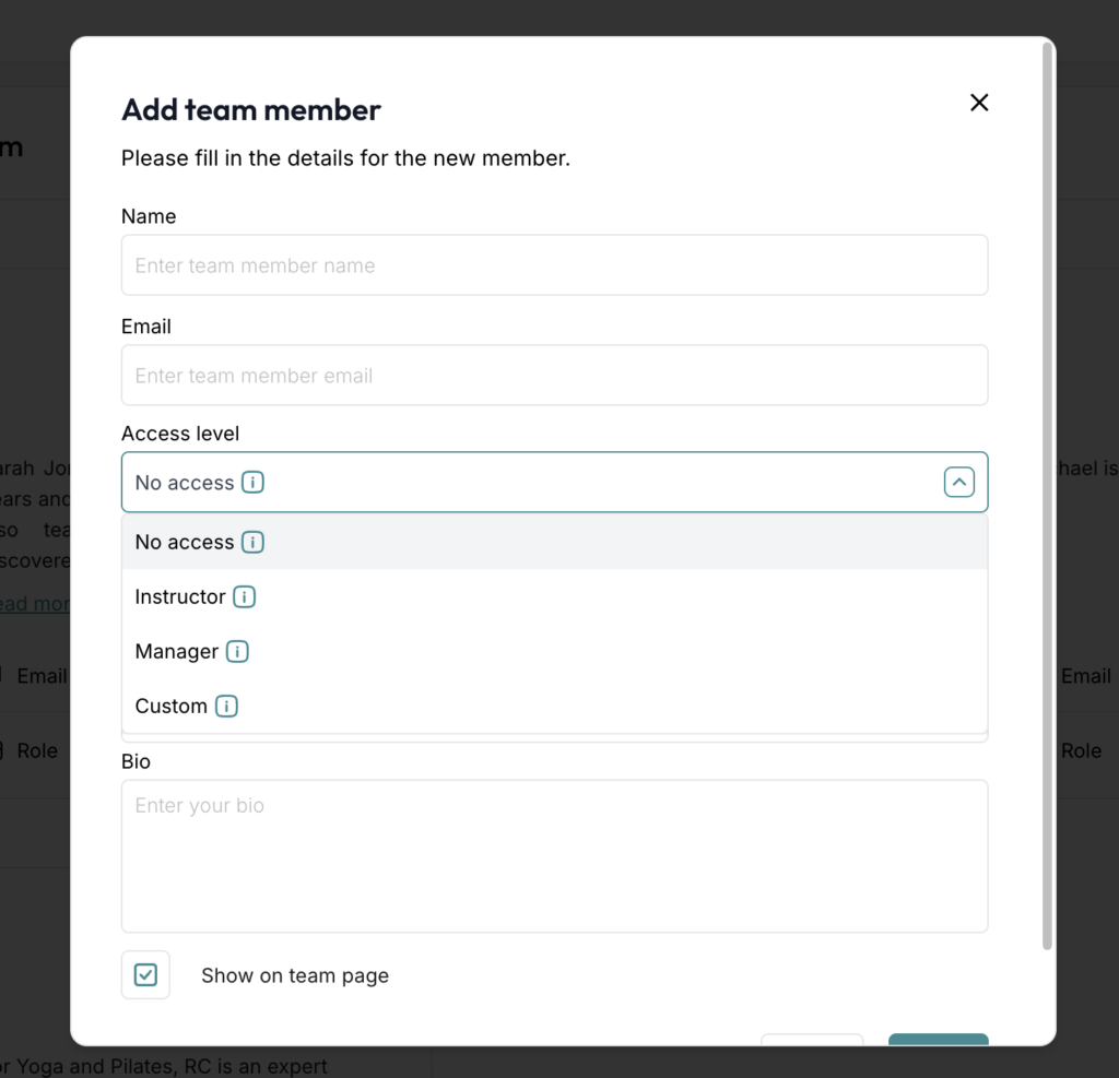 Add team member modal with the Access Level dropdown open showing Instructor option