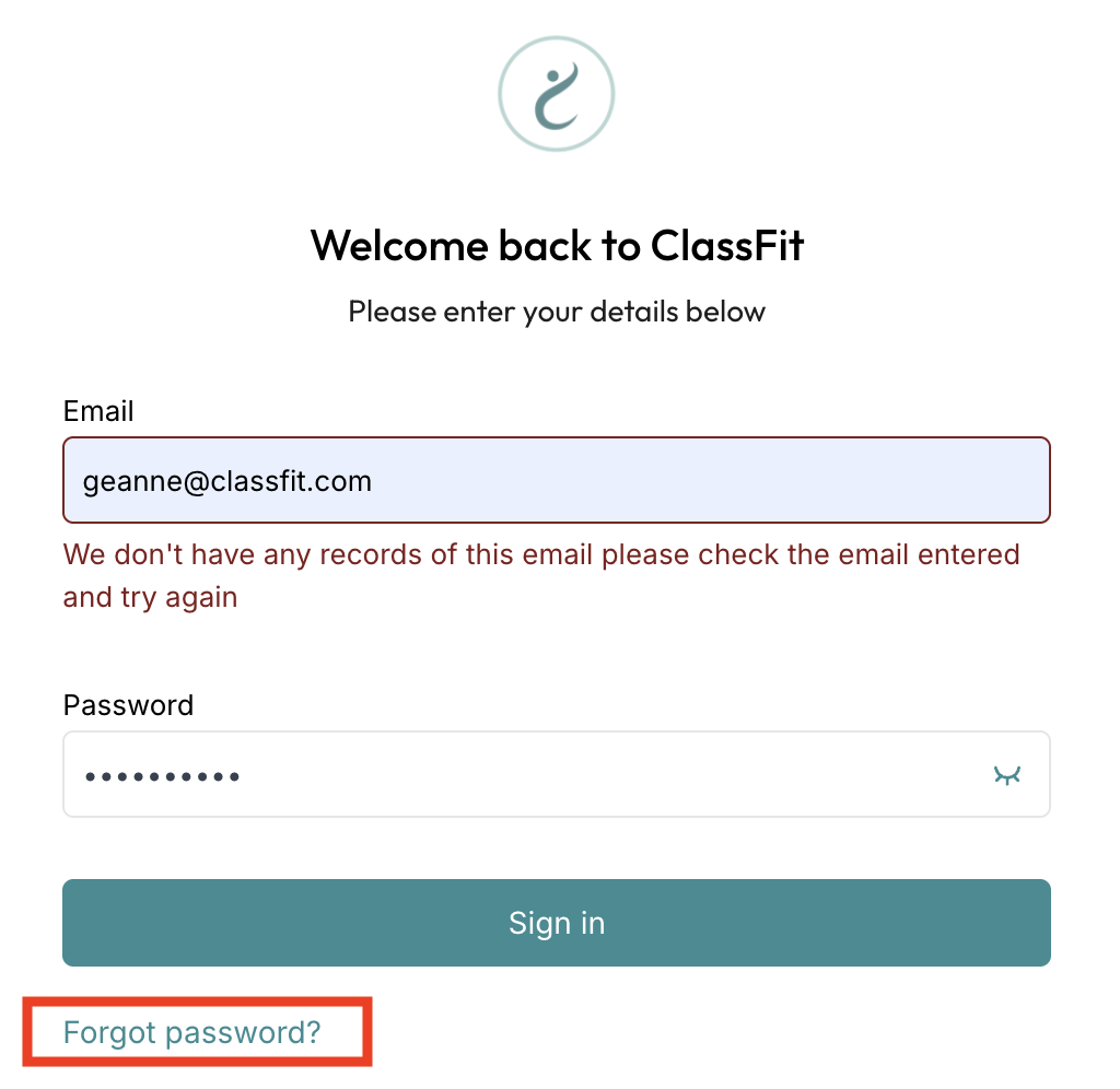 ClassFit login page showing an error that no records match the entered email