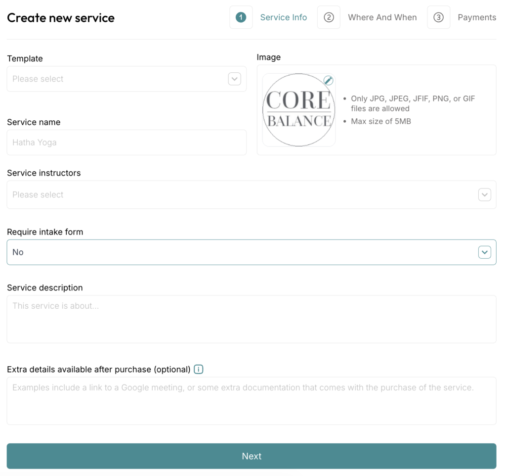 ClassFit create service wizard step one showing template, image, name, and instructor fields