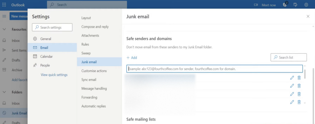 Outlook Junk Email settings page showing the Safe senders and domains whitelist section