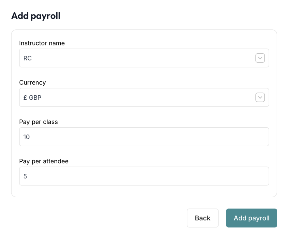 ClassFit add payroll form showing instructor name, currency, and pay per class fields