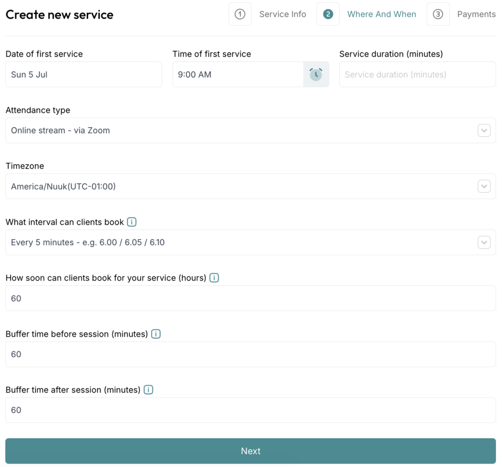 ClassFit create service wizard showing date, time, attendance type, and timezone fields