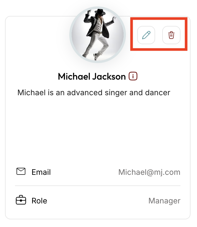 Teacher profile card showing the edit and delete action icons highlighted for managing instructors