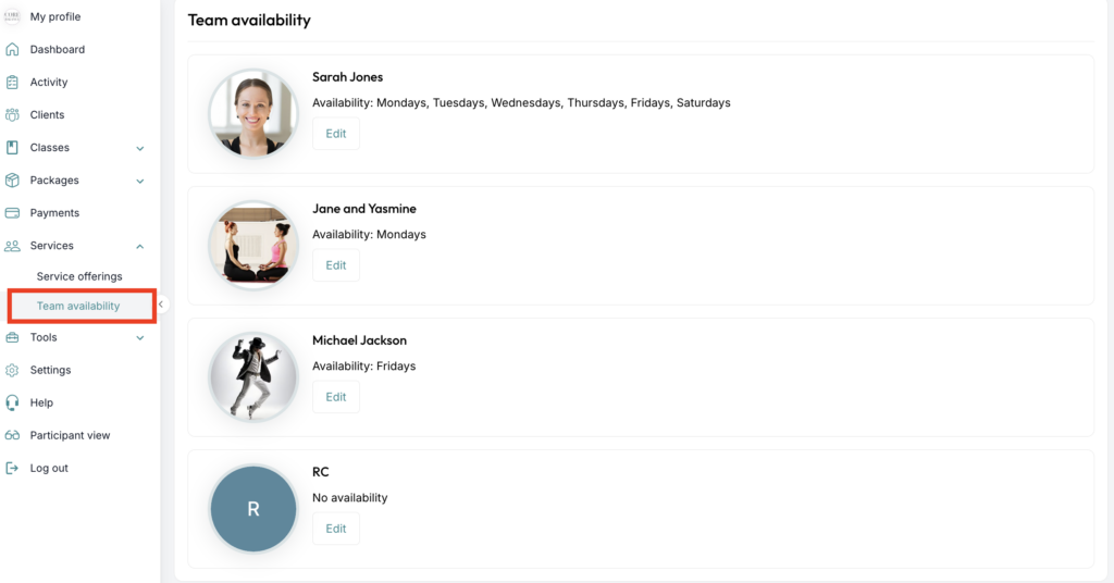ClassFit team availability page listing instructors with their available days and edit buttons