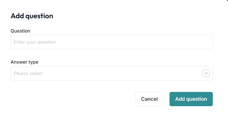 Add question modal with a question text field and an answer type dropdown menu