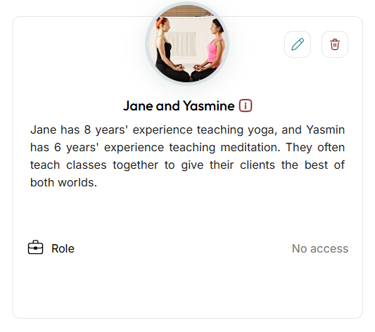 Instructor profile card showing Jane and Yasmine as combined teachers for a class