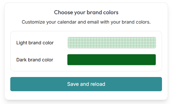 Choose your brand colors panel with light and dark color picker fields and Save button
