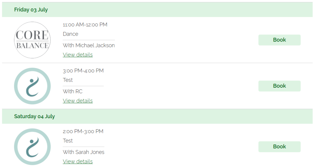 Client-facing class schedule listing available classes by date with Book buttons and details links