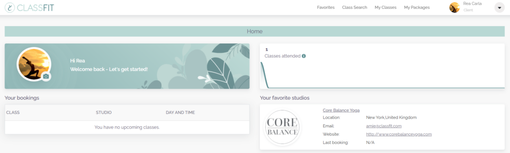 Client home dashboard showing classes attended, upcoming bookings, and favorite studios list