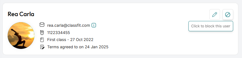 Client profile card with a tooltip reading Click to block this user