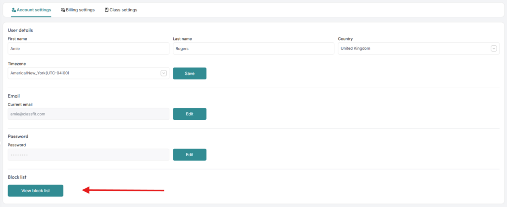 Account settings page with an arrow pointing to the View Block List button