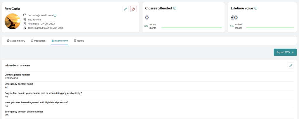 Client profile Intake form tab listing medical and emergency contact form answers