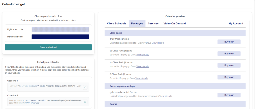 ClassFit public calendar Packages tab listing class packs and memberships with Buy Now buttons