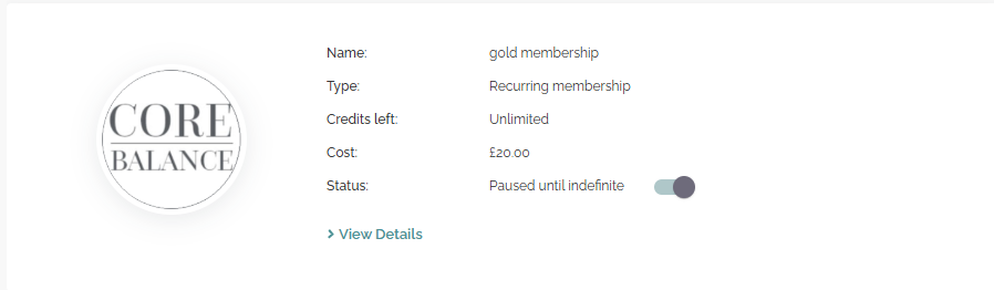 ClassFit membership card showing gold membership status toggled to paused until indefinite