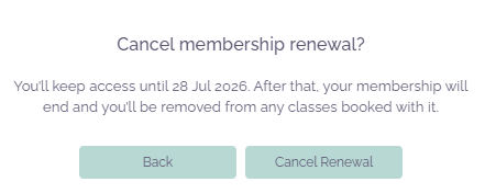 ClassFit confirmation popup asking to cancel membership renewal with Back and Cancel Renewal buttons