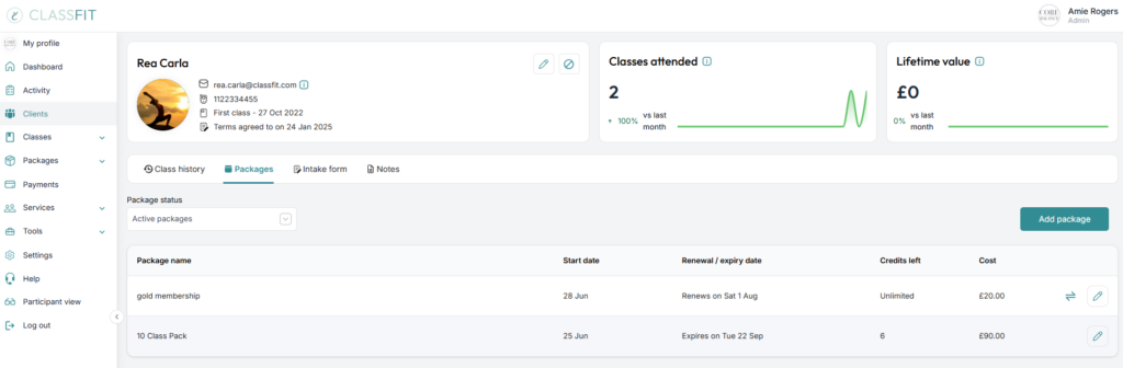 ClassFit client profile Packages tab listing active packages with edit icons for each
