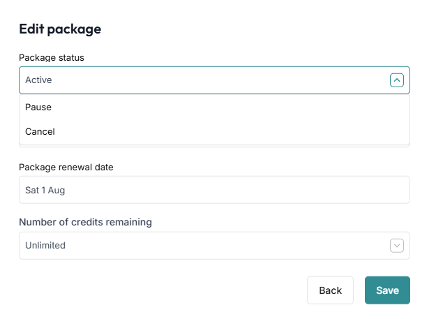 ClassFit edit package panel showing status dropdown open with Active, Pause, and Cancel options
