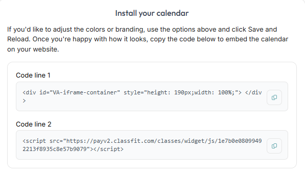 ClassFit calendar install screen showing HTML div and script embed code lines