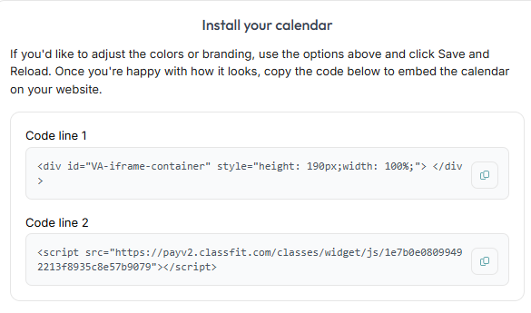 ClassFit calendar install screen showing HTML div and script embed code lines