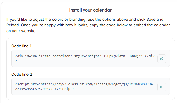 ClassFit install your calendar section showing embed code snippets to paste into a website